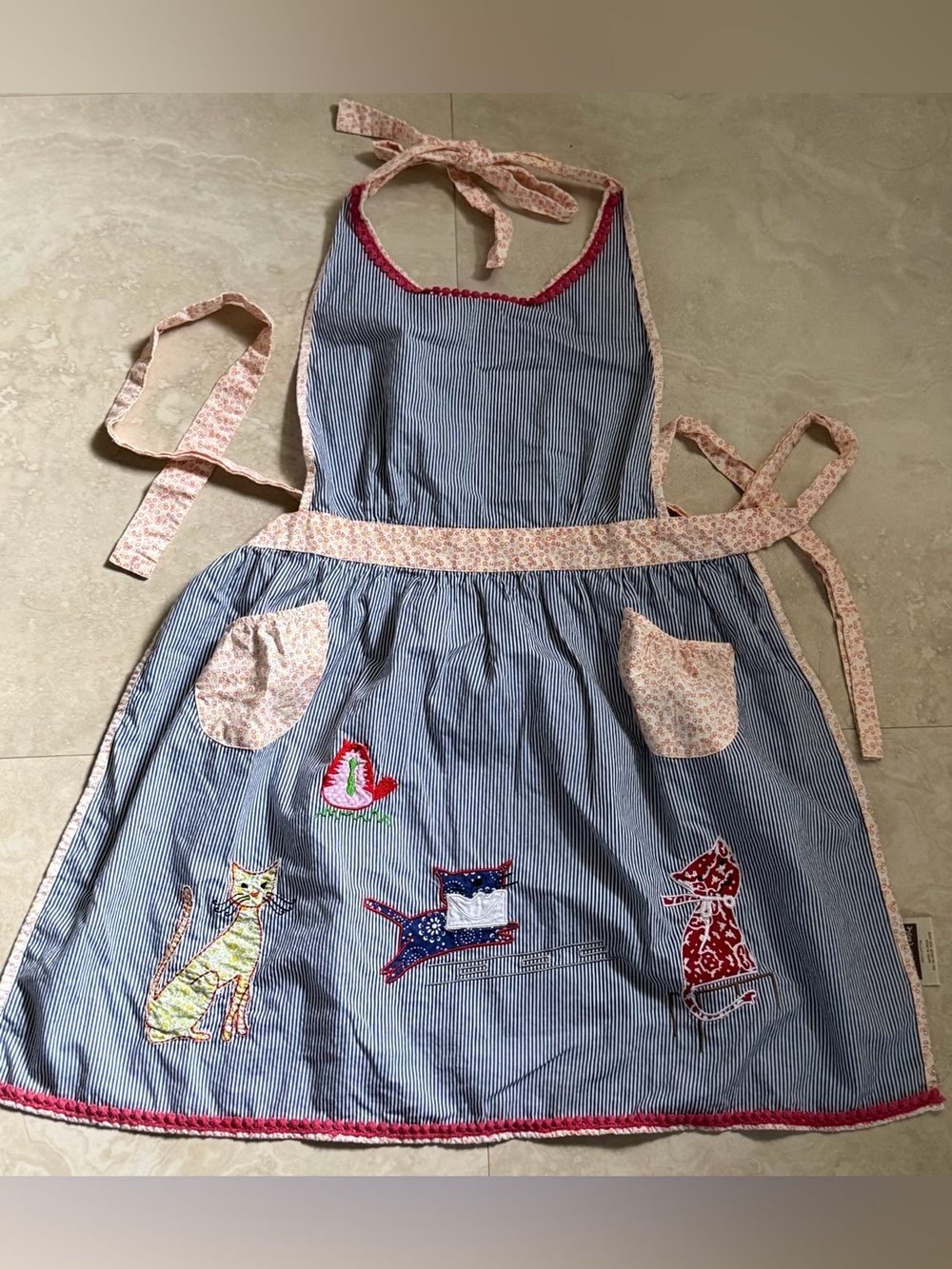 Sur La Table Blue Striped Apron Dress with Cat Appliques